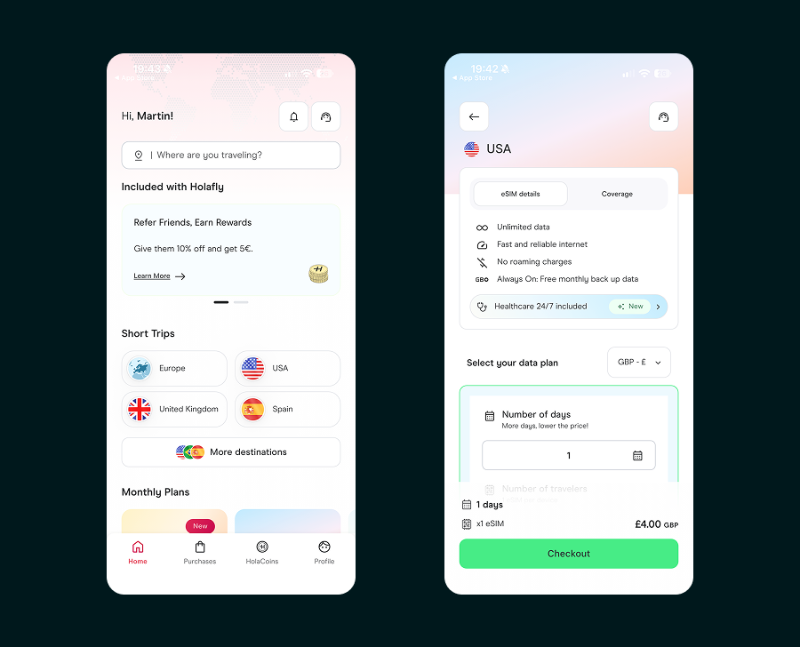 Holafly app showing an active eSIM